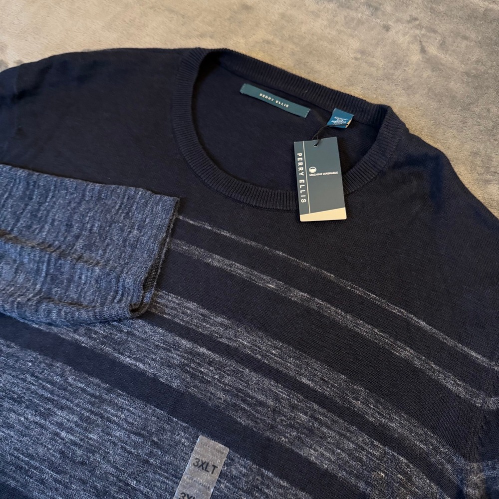 Perry Ellis Striped Sweater Mens 3XLT Dark Sapphire Cotton Linen Blend NWT